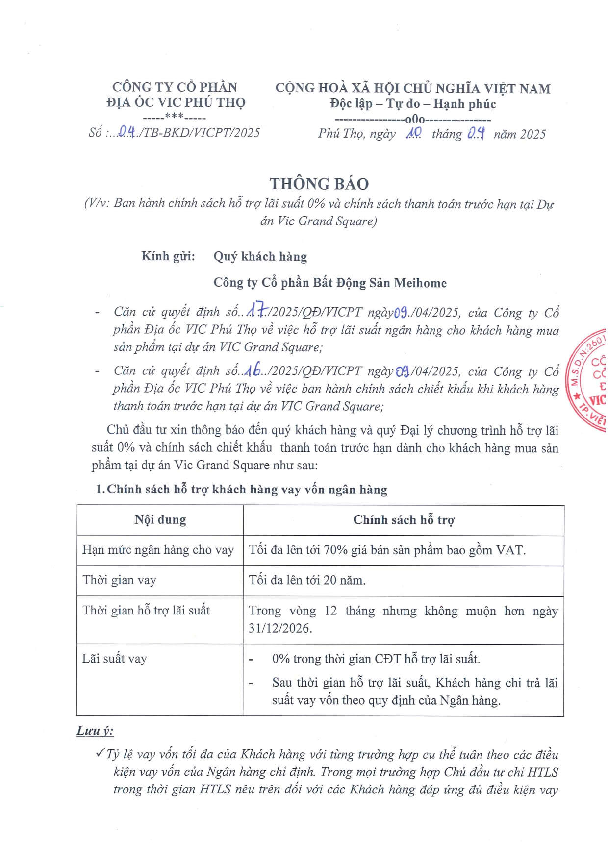 chinh sách bán hàng dự án vic grand square phú thọ