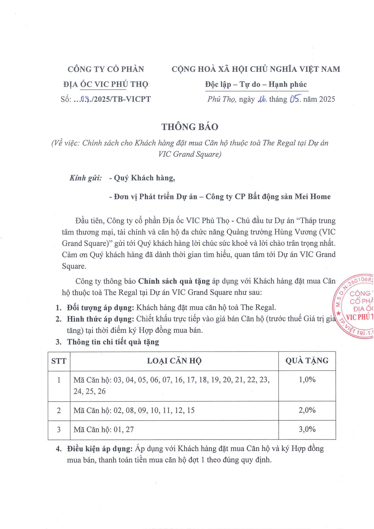 chinh sách bán hàng dự án vic grand square phú thọ